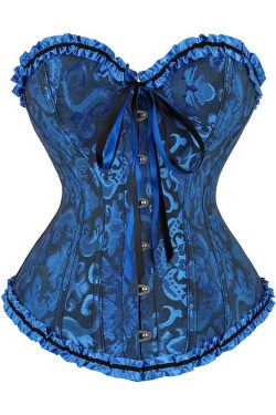 Navy Blue Gothic Ruffle Trim Overbust Corset - Y2K Grunge, 90s Fashion, Retro Summer Outfit