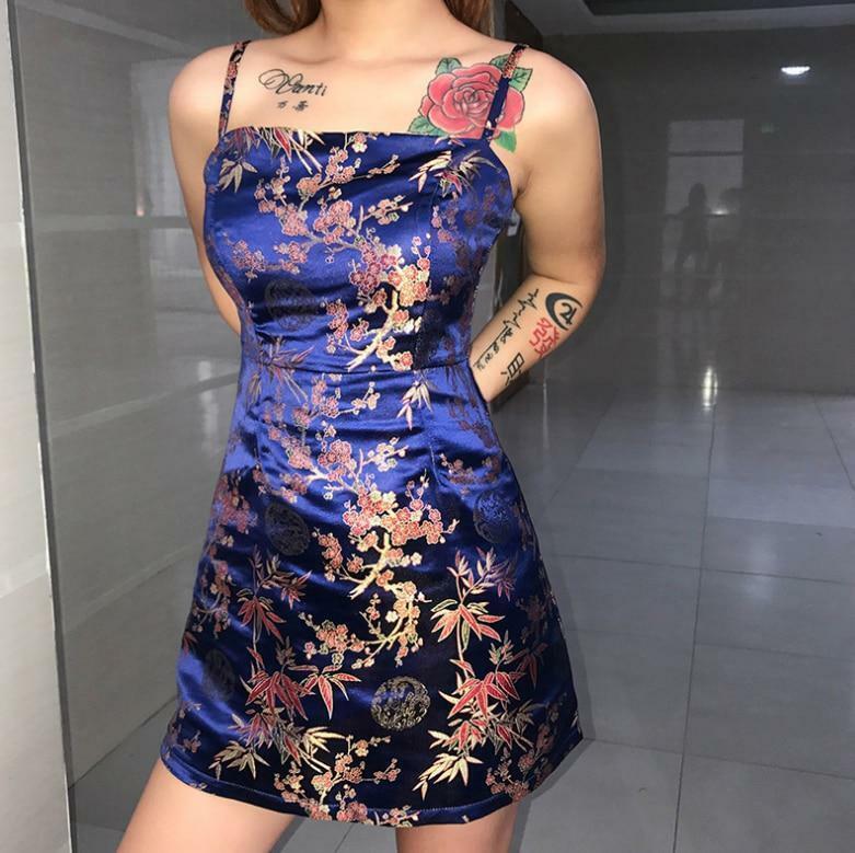 Navy Blue Satin Dress - Y2K Summer Outfit, 90s Fashion, Grunge, Retro Style, Y2K Party Look