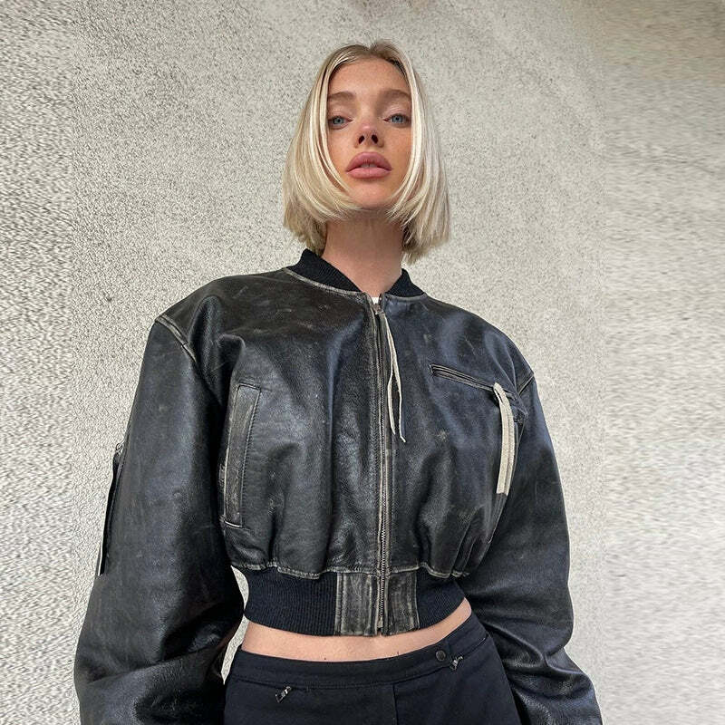 Navya Leather Crop Jacket - Y2K Summer Grunge, 90s Retro, Gothic Y2K, Y2K Party & Club Out