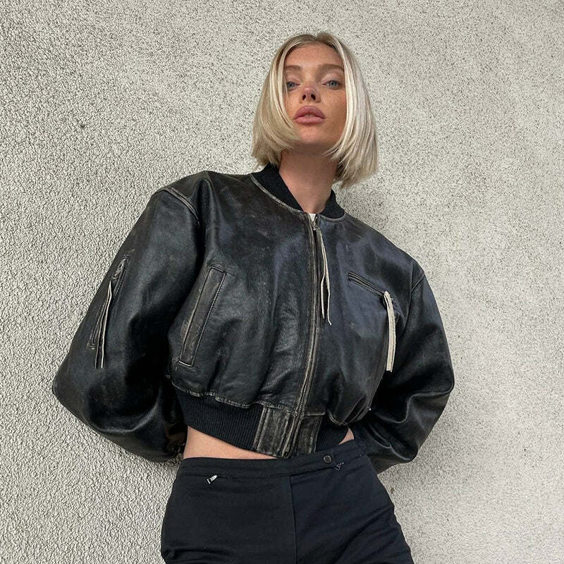 Navya Leather Crop Jacket - Y2K Summer Grunge, 90s Retro, Gothic Y2K, Y2K Party & Club Out