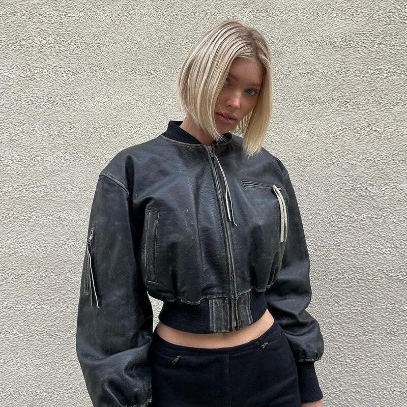Navya Leather Crop Jacket - Y2K Summer Grunge, 90s Retro, Gothic Y2K, Y2K Party & Club Out