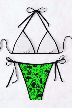 Neon Green Gothic Skull Halter String Bikini Set - Y2K Summer Grunge Retro 90s Beach Outfit