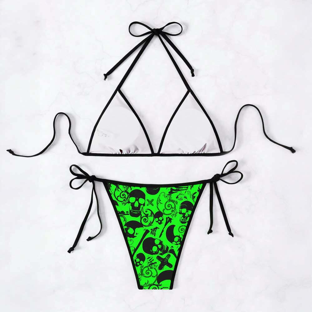 Neon Green Gothic Skull Halter String Bikini Set - Y2K Summer Grunge Retro 90s Beach Outfit