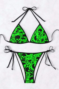 Neon Green Gothic Skull Halter String Bikini Set - Y2K Summer Grunge Retro 90s Beach Outfit
