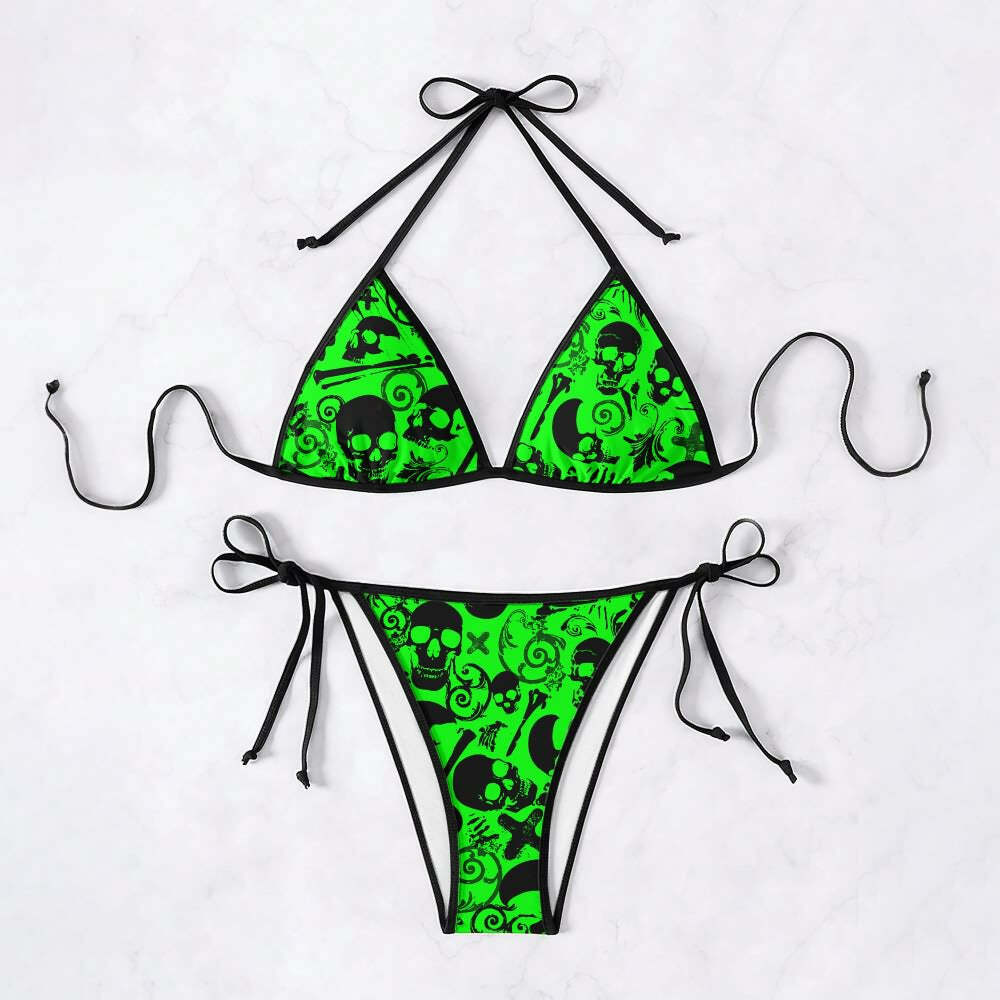Neon Green Gothic Skull Halter String Bikini Set - Y2K Summer Grunge Retro 90s Beach Outfit