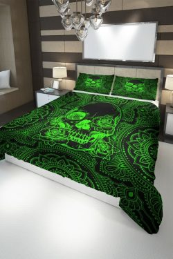 Neon Green Skull Mandala Rose Duvet Cover Set - Y2K Grunge, 90s Retro, Gothic Pastel Goth Bedding