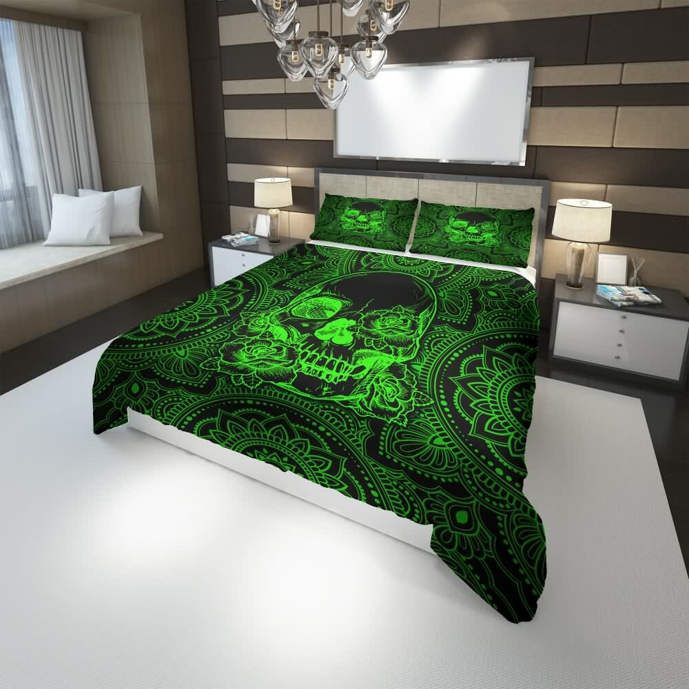 Neon Green Skull Mandala Rose Duvet Cover Set - Y2K Grunge, 90s Retro, Gothic Pastel Goth Bedding