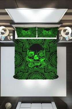 Neon Green Skull Mandala Rose Duvet Cover Set - Y2K Grunge, 90s Retro, Gothic Pastel Goth Bedding