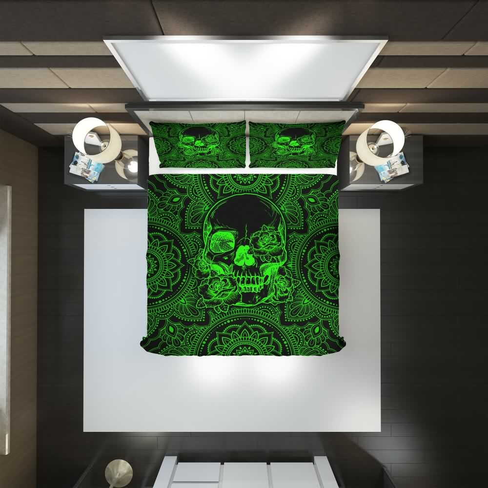 Neon Green Skull Mandala Rose Duvet Cover Set - Y2K Grunge, 90s Retro, Gothic Pastel Goth Bedding