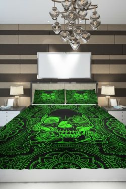 Neon Green Skull Mandala Rose Duvet Cover Set - Y2K Grunge, 90s Retro, Gothic Pastel Goth Bedding