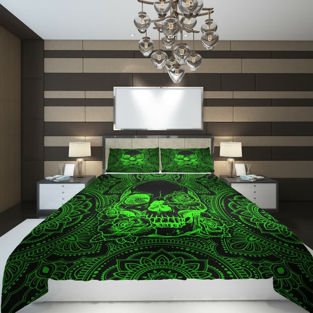 Neon Green Skull Mandala Rose Duvet Cover Set - Y2K Grunge, 90s Retro, Gothic Pastel Goth Bedding