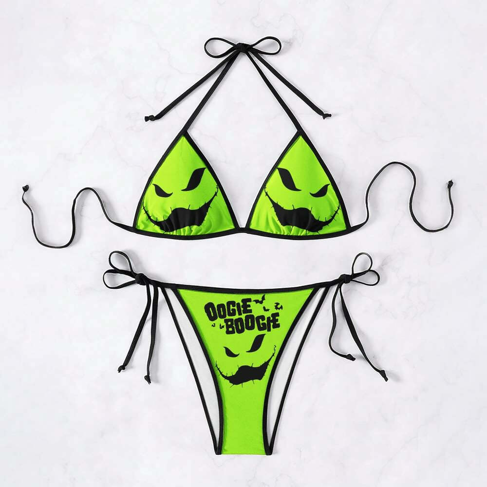 Neon Green Y2K Gothic Halter String Bikini Set - Retro 90s Summer Grunge Beach Outfit