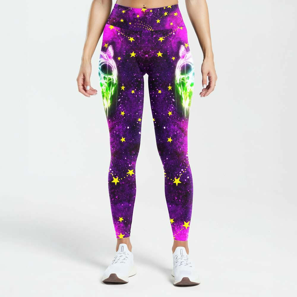 Neon Skull High Waist Leggings - Y2K Grunge, 90s Retro, Gothic Y2K, Summer Y2K Outfits