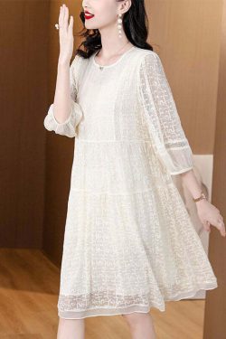 New Beige O Neck Embroidered Lace Dress - Y2K Summer, 90s Grunge, Retro Party Outfit