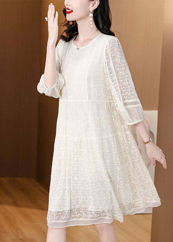 New Beige O Neck Embroidered Lace Dress - Y2K Summer, 90s Grunge, Retro Party Outfit