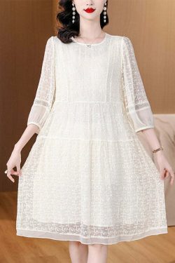 New Beige O Neck Embroidered Lace Dress - Y2K Summer, 90s Grunge, Retro Party Outfit