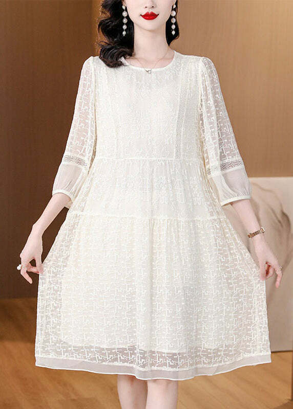 New Beige O Neck Embroidered Lace Dress - Y2K Summer, 90s Grunge, Retro Party Outfit