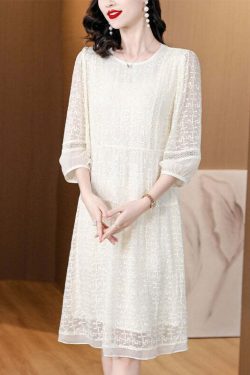 New Beige O Neck Embroidered Lace Dress - Y2K Summer, 90s Grunge, Retro Party Outfit