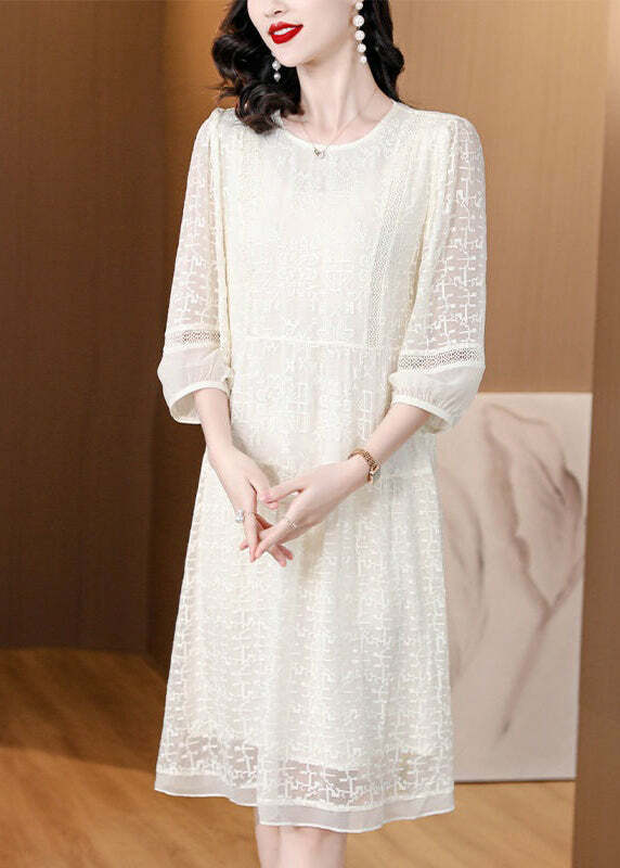 New Beige O Neck Embroidered Lace Dress - Y2K Summer, 90s Grunge, Retro Party Outfit