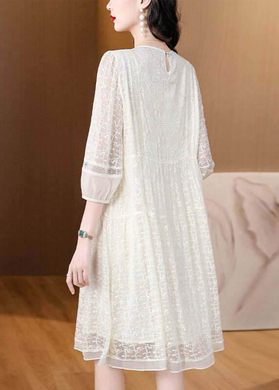 New Beige O Neck Embroidered Lace Dress - Y2K Summer, 90s Grunge, Retro Party Outfit