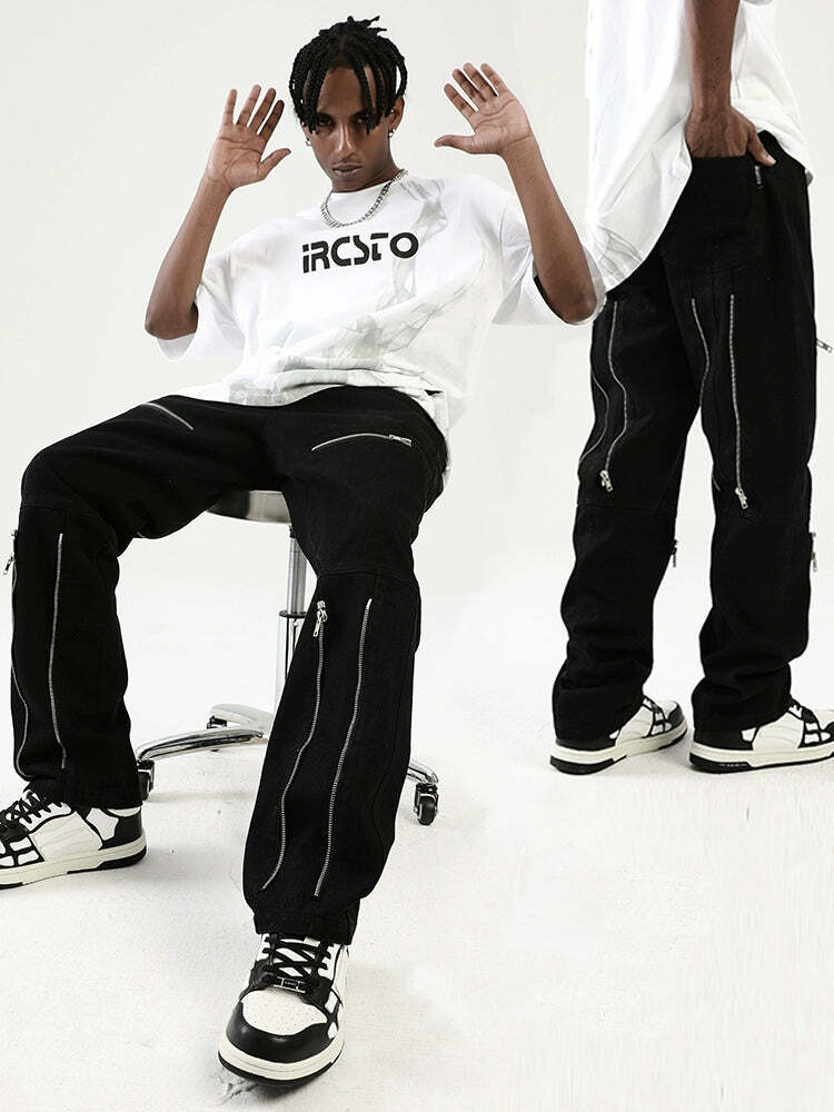 NOSAW Parallel Zip Jeans - Y2K Summer, 90s Grunge, Retro Hip Hop, Y2K Club & Party Outfits