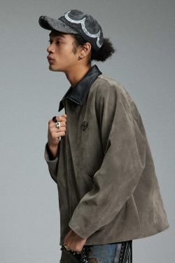NOSAW Suede Collar Jacket - Y2K Summer Grunge, 90s Retro, Pastel Goth, Y2K Party & Club Out