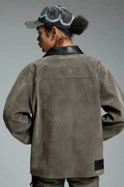 NOSAW Suede Collar Jacket - Y2K Summer Grunge, 90s Retro, Pastel Goth, Y2K Party & Club Out