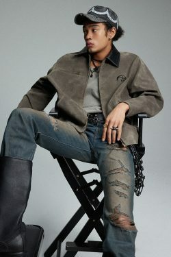 NOSAW Suede Collar Jacket - Y2K Summer Grunge, 90s Retro, Pastel Goth, Y2K Party & Club Out