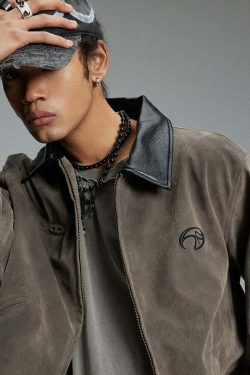 NOSAW Suede Collar Jacket - Y2K Summer Grunge, 90s Retro, Pastel Goth, Y2K Party & Club Out
