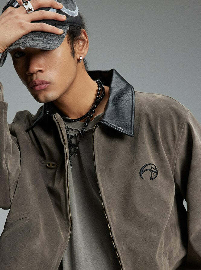NOSAW Suede Collar Jacket - Y2K Summer Grunge, 90s Retro, Pastel Goth, Y2K Party & Club Out