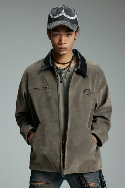 NOSAW Suede Collar Jacket - Y2K Summer Grunge, 90s Retro, Pastel Goth, Y2K Party & Club Out