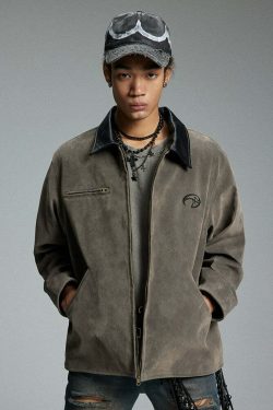 NOSAW Suede Collar Jacket - Y2K Summer Grunge, 90s Retro, Pastel Goth, Y2K Party & Club Out