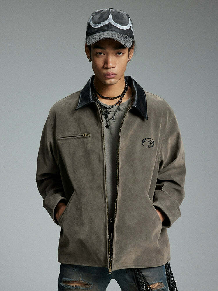 NOSAW Suede Collar Jacket - Y2K Summer Grunge, 90s Retro, Pastel Goth, Y2K Party & Club Out