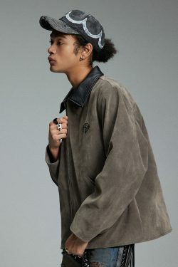 NOSAW Suede Collar Jacket - Y2K Summer Grunge, 90s Retro, Pastel Goth, Y2K Party & Club Out