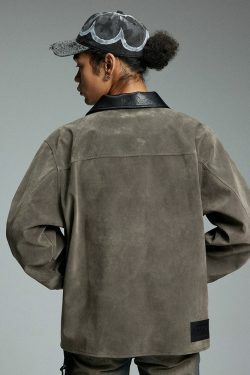 NOSAW Suede Collar Jacket - Y2K Summer Grunge, 90s Retro, Pastel Goth, Y2K Party & Club Out