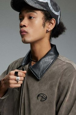 NOSAW Suede Collar Jacket - Y2K Summer Grunge, 90s Retro, Pastel Goth, Y2K Party & Club Out