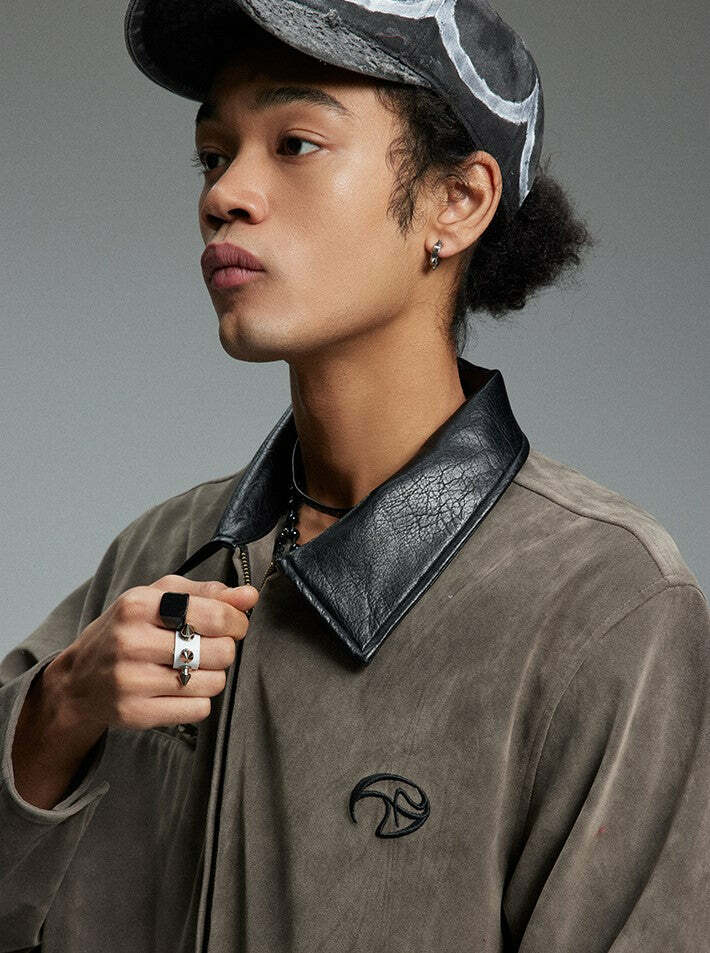 NOSAW Suede Collar Jacket - Y2K Summer Grunge, 90s Retro, Pastel Goth, Y2K Party & Club Out