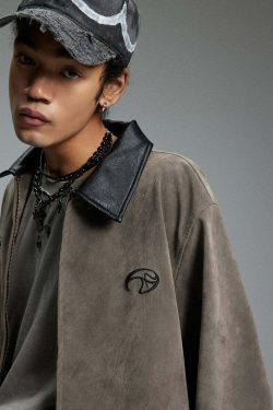 NOSAW Suede Collar Jacket - Y2K Summer Grunge, 90s Retro, Pastel Goth, Y2K Party & Club Out