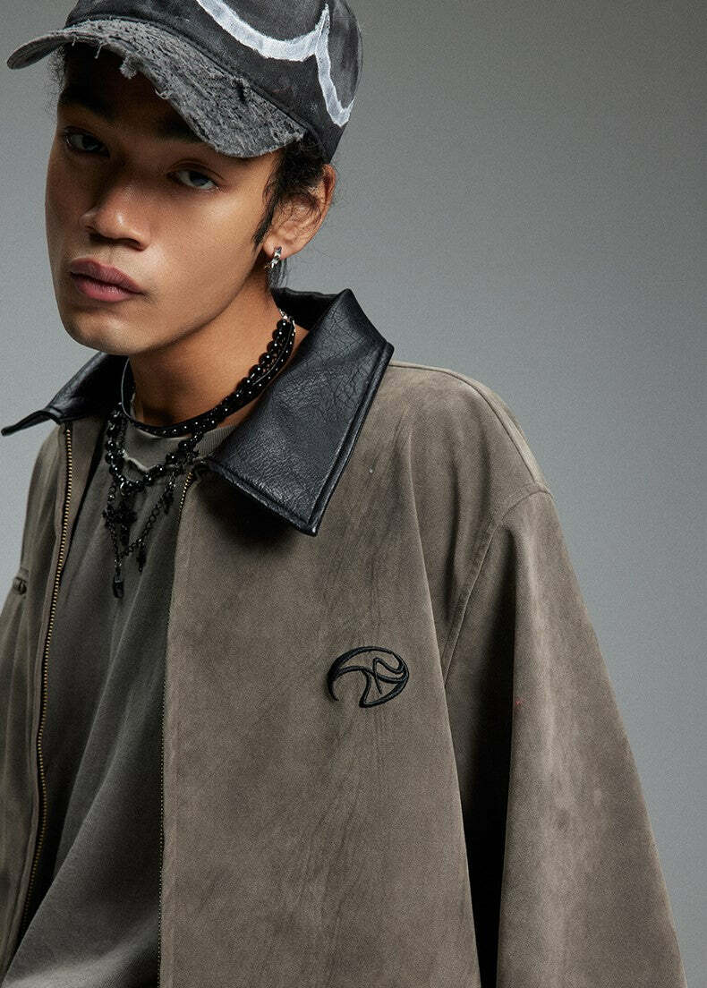 NOSAW Suede Collar Jacket - Y2K Summer Grunge, 90s Retro, Pastel Goth, Y2K Party & Club Out