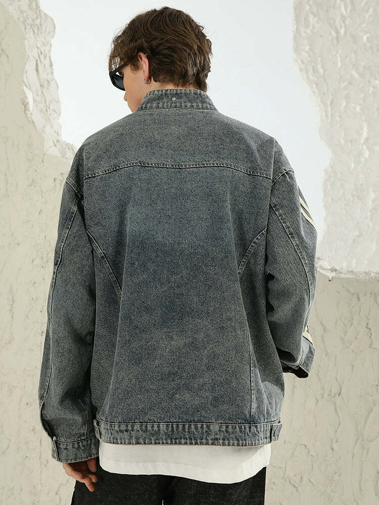 NOSAW Vintage Denim Striped Jacket - Y2K Summer, 90s Grunge, Retro Hip Hop, Pastel Goth Style