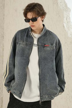 NOSAW Vintage Denim Striped Jacket - Y2K Summer, 90s Grunge, Retro Hip Hop, Pastel Goth Style