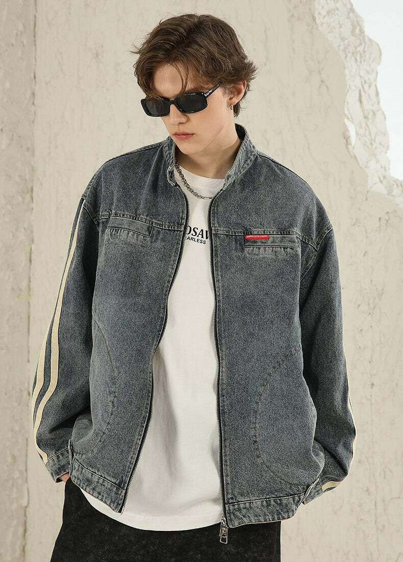 NOSAW Vintage Denim Striped Jacket - Y2K Summer, 90s Grunge, Retro Hip Hop, Pastel Goth Style