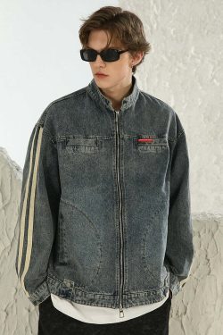 NOSAW Vintage Denim Striped Jacket - Y2K Summer, 90s Grunge, Retro Hip Hop, Pastel Goth Style