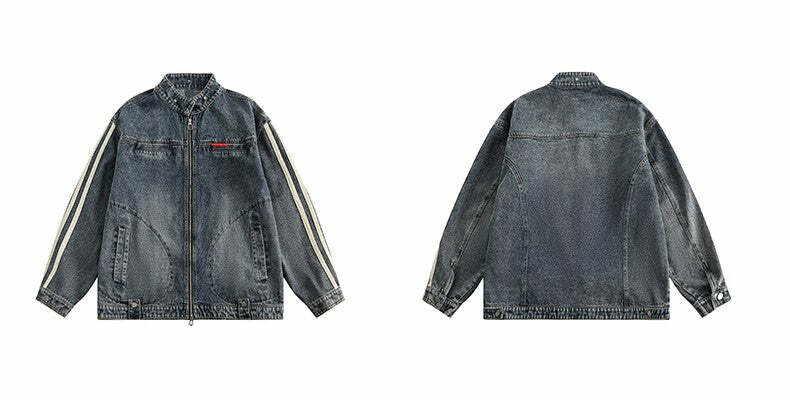 NOSAW Vintage Denim Striped Jacket - Y2K Summer, 90s Grunge, Retro Hip Hop, Pastel Goth Style