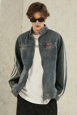 NOSAW Vintage Denim Striped Jacket - Y2K Summer, 90s Grunge, Retro Hip Hop, Pastel Goth Style