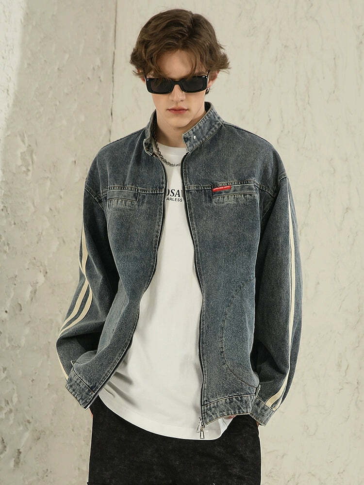 NOSAW Vintage Denim Striped Jacket - Y2K Summer, 90s Grunge, Retro Hip Hop, Pastel Goth Style