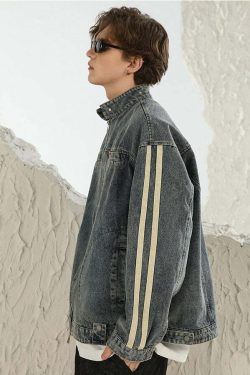 NOSAW Vintage Denim Striped Jacket - Y2K Summer, 90s Grunge, Retro Hip Hop, Pastel Goth Style