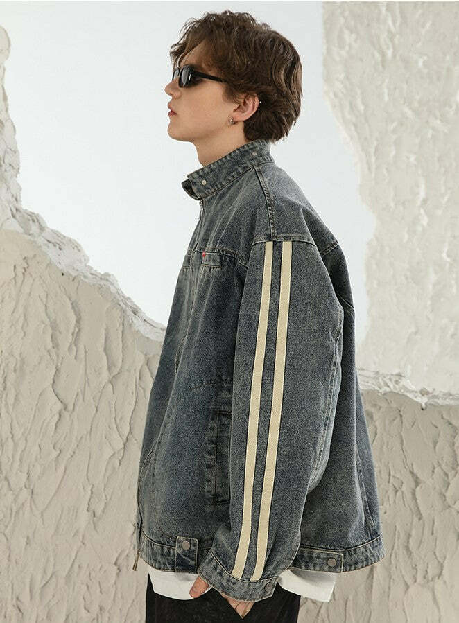 NOSAW Vintage Denim Striped Jacket - Y2K Summer, 90s Grunge, Retro Hip Hop, Pastel Goth Style