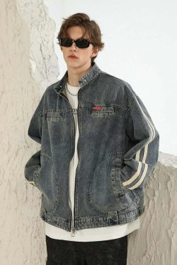 NOSAW Vintage Denim Striped Jacket - Y2K Summer, 90s Grunge, Retro Hip Hop, Pastel Goth Style