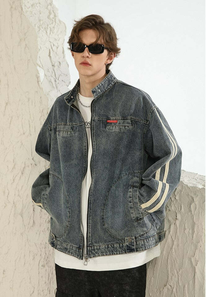 NOSAW Vintage Denim Striped Jacket - Y2K Summer, 90s Grunge, Retro Hip Hop, Pastel Goth Style
